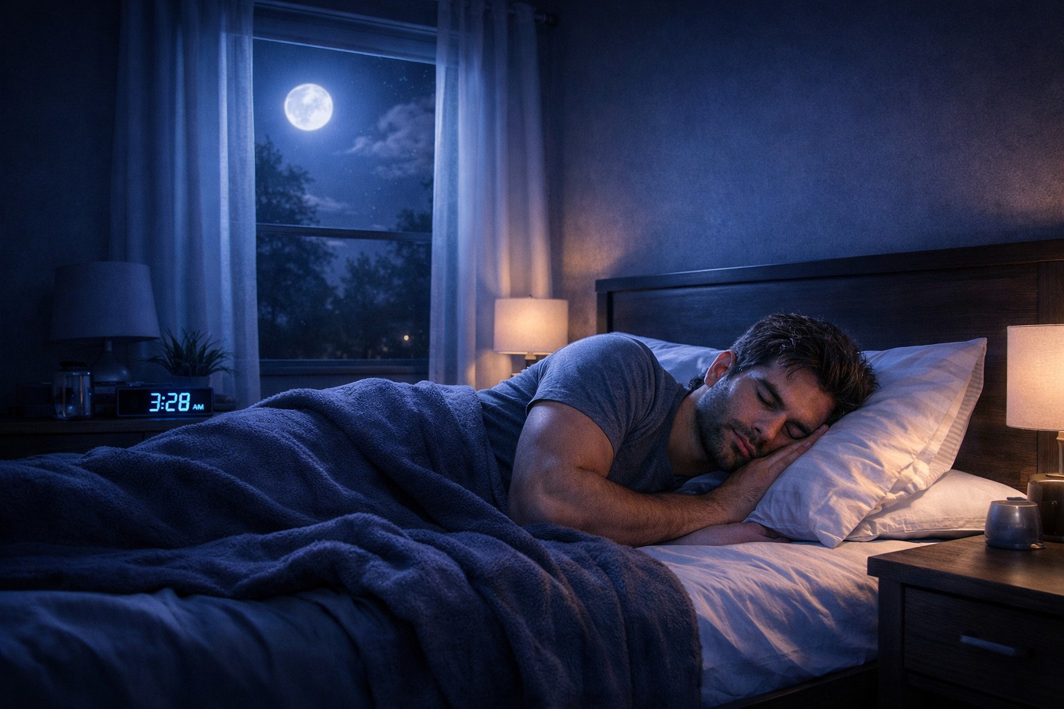 A calm bedroom at night with moonlight and a person sleeping peacefully.